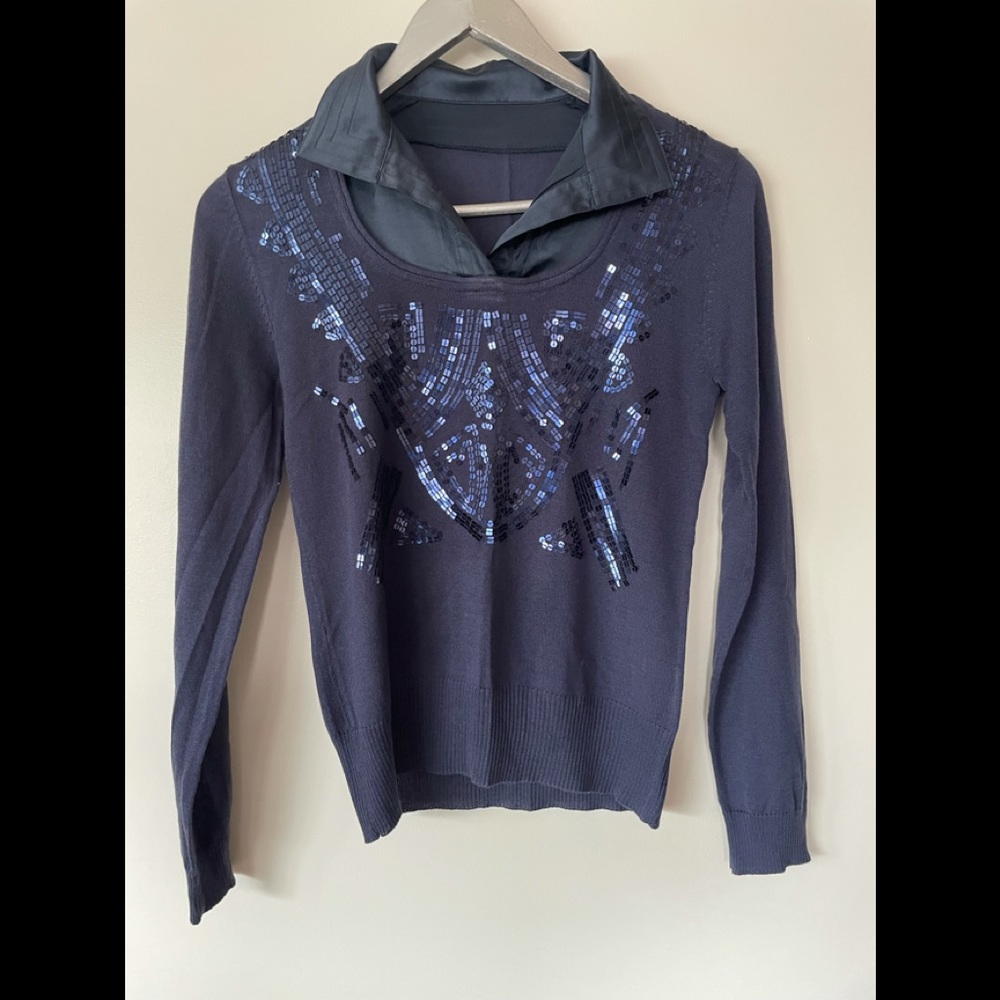 BLUE/NAVY SEQUIN STRETCH SOFT LIGHTWEIGHT KNIT SWEATER/BLOUSE SIZE SMALL